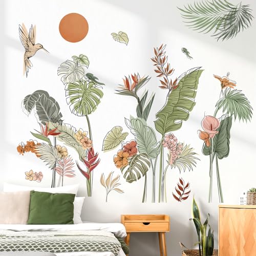 decalmile Boho Tropical Leaves Flower Plants Sun Wall Decals Stickers - color: B