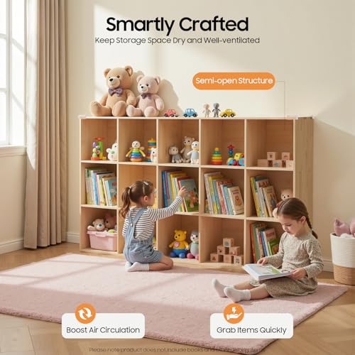 15 Cube Storage Organizer, Solid Wood Bookshelf with Back Panel, Floor Standing Open Bookcase, Vertical or Horizontal Shelf Unit for Living Room Office (59.1" L x 11.8" W x 35.4" H) - size: 15-Cube