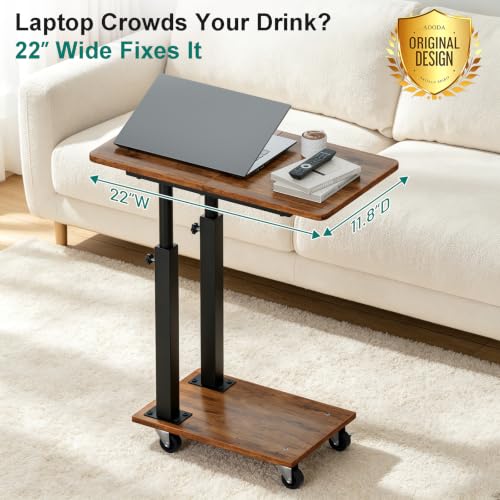 AOODA 22''W TV Tray Table with Wheels Adjustable Height, C Shaped End Tables Living Room, Rolling Couch Side Table with Storage for Sofa, Bed, Recliner (Rustic Brown) - color: Brown