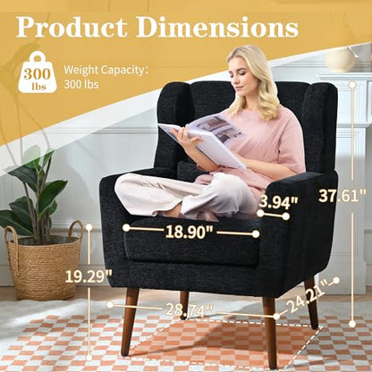 Modern Accent Chair, Upholstered Armchair with Pillow, Fabric Single Sofa Chair with Lounge Seat Solid Wood Legs Accent Chair for Living Room Bedroom Small Spaces(Black) - color: Black, size: Set of 1