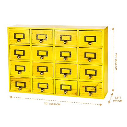Yellow 16-Slot Wooden Drawer Unit - Country Style Desk Organizer - 20"x3.6”x14” Wooden Storage Box w/ 16 Drawers - Countertop Drawers w/Label Holder & Handle - Slim 4-Level Desk Organizer - color: 16 Drawer Golden Yellow