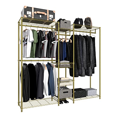 XIOFIO 6 Tiers Heavy Duty Garment Rack,Clothing Storage Organizer, Metal Clothing Rack,Clothing Rack with Hanging Rod,Adjustable Shelf and Fixed Baskets,60.7"L x 15.7"W x 70.5"H Max Load 720LBS,Gold - color: Gold