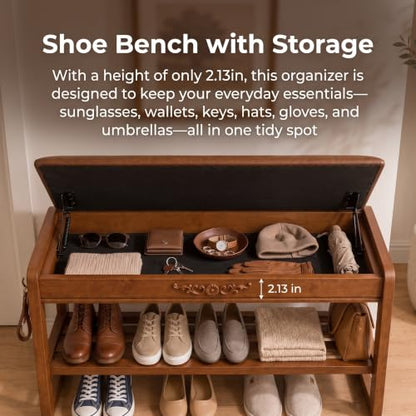 Shoe Storage Bench Shoe Rack Bench with Storage 2 Tier Wooden Shoe Rack | Solid wood shoe bench flip-top storage cushioned seat weight capacity of 550 lb side hooks walnut finish 31.5" W - size: 31.5"