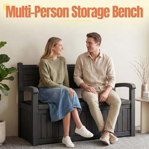 Storage Bench Outdoor Deck Box, 100 Gallon Lockable Patio Furniture, Black | Waterproof & UV Resistant Seating, Indoor/Outdoor Shoe Storage Cabinet for Garden Cushions, Tools, Patio, Pool Supplies