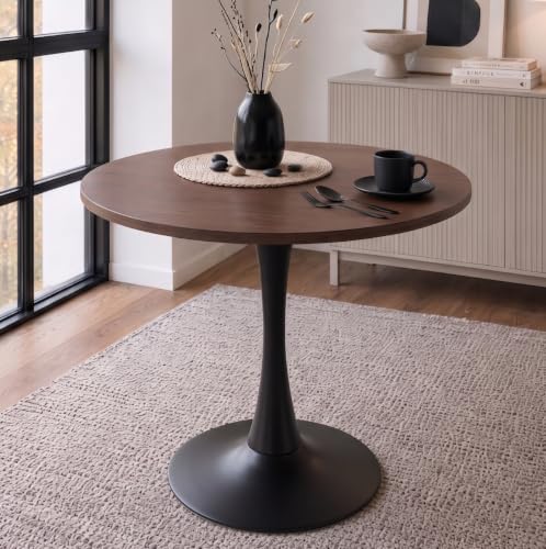 31.5" Small Round Dining Table for 2, [Sturdy Metal Tulip Base] Modern Circle Kitchen Table, for Dining Room Apartment Office Space Saving - color: Brown With Black Base, size: 31.5"