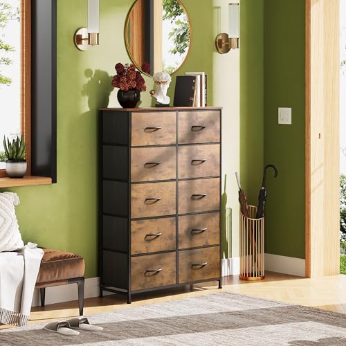 WLIVE Tall Dresser for Bedroom, Rustic Brown Wood Grain Print | 10 Drawers, Fabric Dresser for Closet, Storage Tower with Cabinet, Metal Frame - color: Rustic Brown Wood Grain Print