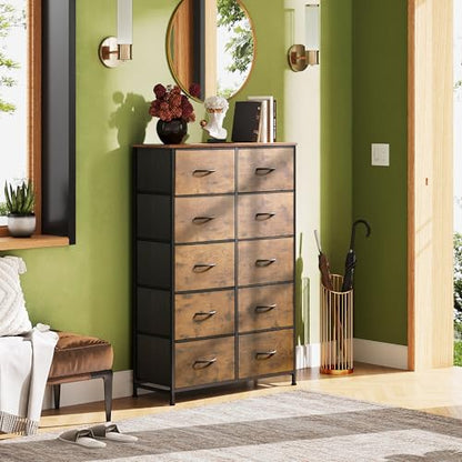 WLIVE Tall Dresser for Bedroom, Rustic Brown Wood Grain Print | 10 Drawers, Fabric Dresser for Closet, Storage Tower with Cabinet, Metal Frame - color: Rustic Brown Wood Grain Print