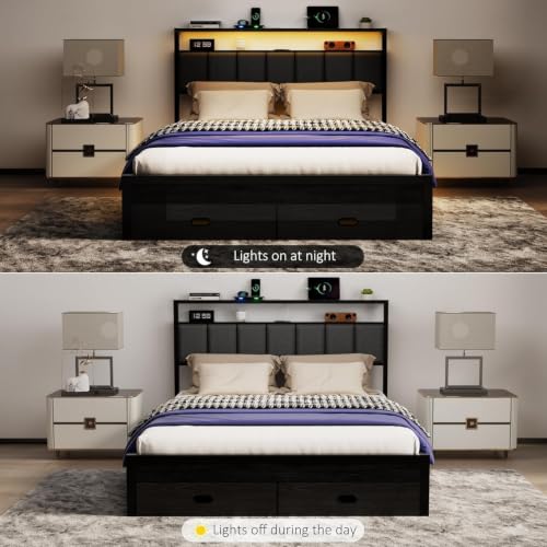 Queen Bed Frames with Storage Drawer, Platform Bed with Charging Station and LED Lights, Upholstered Headboard with 2-Tier Storage Shelves, No Box Spring Needed - size: Queen, style: Modern