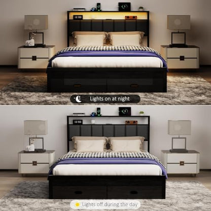 Queen Bed Frames with Storage Drawer, Platform Bed with Charging Station and LED Lights, Upholstered Headboard with 2-Tier Storage Shelves, No Box Spring Needed - size: Queen, style: Modern