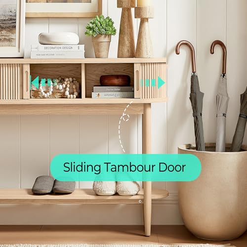 LINSY Fluted Console Table with Storage and Shelves, Light Wood | Entryway Table, Wood Entrance, Behind Couch Sofa Table, Foyer Tables for Hallways, Living Room Boho Furniture, Narrow Long - color: Light Wood