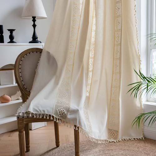 Deeprove Boho Living Room Curtains, Boho Window Curtains for Bedroom Blackout, Semi Sheer Crochet Cream Cotton Drape with Cute Tassels, Rod Pocket Farmhouse Chic Decor 1 Panel 59W x 63L, Beige - color: Cream & Beige, size: 59"W x 63"L (Pack of 1)
