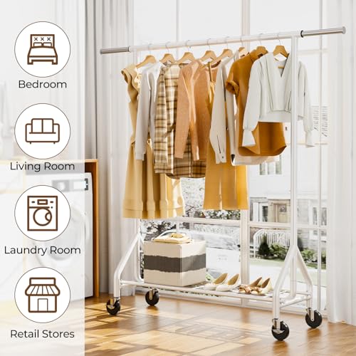 HYSEYY Heavy Duty Clothes Rack Load 450 LBS, Metal Garment Rack, Standing Rolling Clothing Rack for Hanging Clothes with Sturdy Wheels & Shelves, Portable Closet Wardrobe Rack,White - color: White