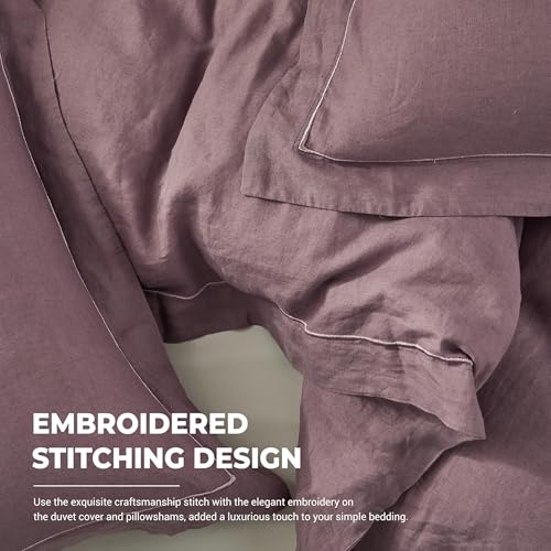 Simple&Opulence 100% Washed Linen Duvet Cover Set with Embroidered,2 Pieces Soft Farmhouse Comforter Set with Button Closure,1 Duvet Cover and 1 Pillowsham(Twin,Purple) - color: Embroidery Purple, size: Twin
