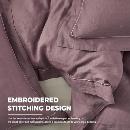 Simple&Opulence 100% Washed Linen Duvet Cover Set with Embroidered,2 Pieces Soft Farmhouse Comforter Set with Button Closure,1 Duvet Cover and 1 Pillowsham(Twin,Purple) - color: Embroidery Purple, size: Twin