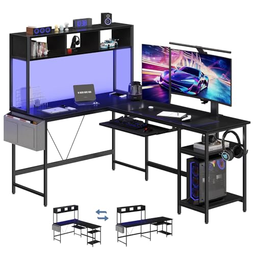DUMOS 67" L Shaped Gaming Desk, Reversible Computer Desks with LED Lighting | Corner Desk for Compact Spaces, Keyboard Tray & Storage Shelf, Home Office, Black - color: Black, size: 67 IN