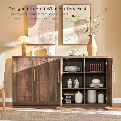 Arched Door Sideboard Buffet Cabinet Set of 3, Rustic Oak | Modular, Multi-Compartment Storage, Adjustable Shelf, Soft Close Hinges, Freestanding, for Dining Room, Living Room - color: Rusti Brown