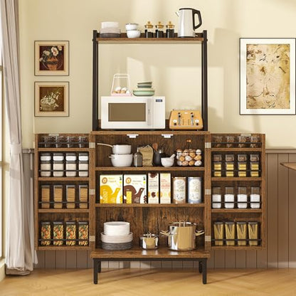 51" Kitchen Pantry Cabinet, Kitchen Storage Cabinet with Microwave Shelves, Small Coffee Bar Cabinet, Modern Kitchen Hutch with Microwave Stand, Adjustable Shelves, Food Pantry Cabinet for Dining Room - color: A-51" Retro Brown