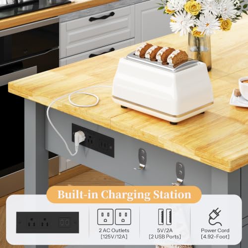 Kitchen Island with Storage and Seating Include 2 Bar Stools, Drawers, Grey | 47" Solid Rubberwood Top Kitchen Island with Trash Can Storage, Power Outlet, 6 Hooks, Coffee Bar Cabinet, Dining Table for 2 - color: Grey