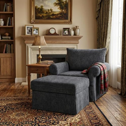 Eafurn Modern Chenille Accent Chair with Ottoman for Small Space, Comfy Upholstered Reading Chairs Lounge Armchair with Foot Rest, Sturdy Solid Wood Frame for Living Room - color: Gray 37.5"