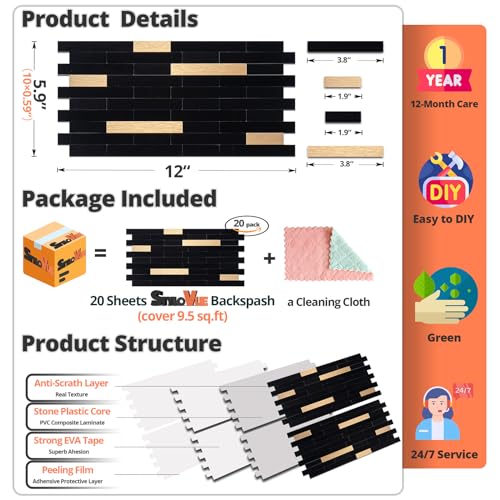 StyloVue 20 Sheets Peel and Stick Tile Backsplash, Black with Metal Gold Look Stick on Tile Upgrade Your Kitchen Backsplash, RV, Fireplace - color: Black With Metal Gold
