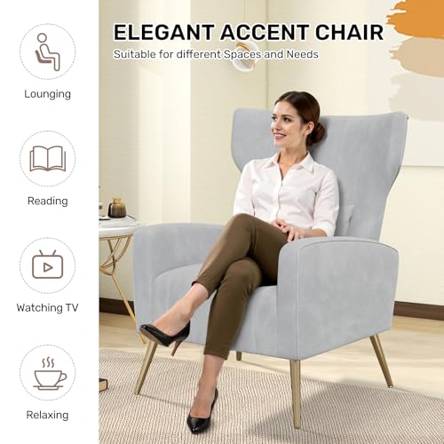 Nebuaegis Velvet Accent Chair Wingback for Living Room, High Back Arm Chair with Golden Legs Lumbar Pillow, Upholstered Single Sofa Bedroom Light Grey - color: Light Gray, size: Set of 1