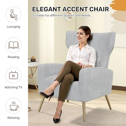 Nebuaegis Velvet Accent Chair Wingback for Living Room, High Back Arm Chair with Golden Legs Lumbar Pillow, Upholstered Single Sofa Bedroom Light Grey - color: Light Gray, size: Set of 1