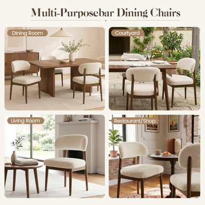 Wooden Dining Room Chairs Set of 2, Modern Upholstered Teddy Fabric Kitchen Chairs with Ergonomic Curved Back, Farmhouse Dining Side Chair with Solid Wood Frame for Kitchen Room, Beige - color: Beige