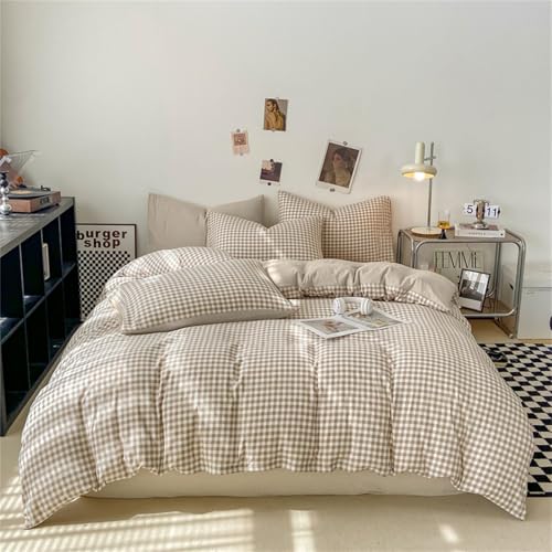 Nayoroom Gingham Duvet Cover Set Full Brown Tan Plaid Checkered Bedding | Reversible, Soft Breathable Washed Microfiber, All-Season Comfort, Hidden Zipper, 4 Corner Ties, Farmhouse Dorm Bedding - color: B - Tan Gingham, size: Full(No Comforter)