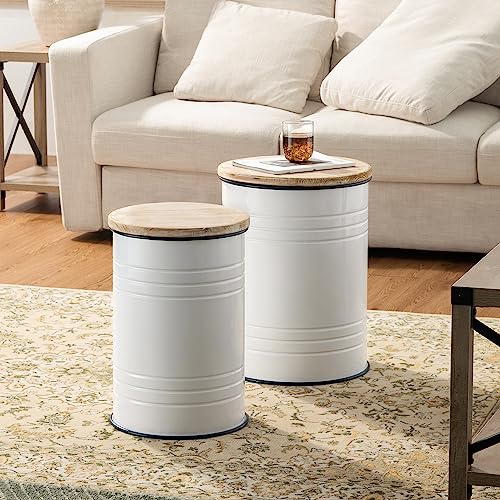 Glitzhome Rustic Storage Ottoman Seat Stool, Farmhouse End Table, Galvanized Dark Blue Rim Imitation Enamel Accent Side Table Toy Box Bin with Round Wood Lid for Living Room, Set of 2, White - color: White