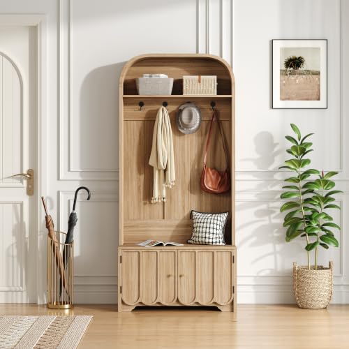 Narrow Entryway Hall Tree with Storage, Entryway Storage Bench w Coat Rack | hall tree, 70" Arch Coat Rack with 4 Hooks and 2 Fluted Doors,Farmhouse Furniture Organizer for Hallway, Natural - color: Natural Oak