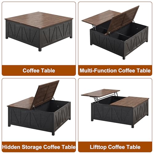 chartustriable 43.3“ Lift Top Coffee Table with Storage, Farmhouse Coffee Table with Large Hidden Storage Compartment and Shelves，Square Center Tables for Living Room, Tea Table Black - color: Black