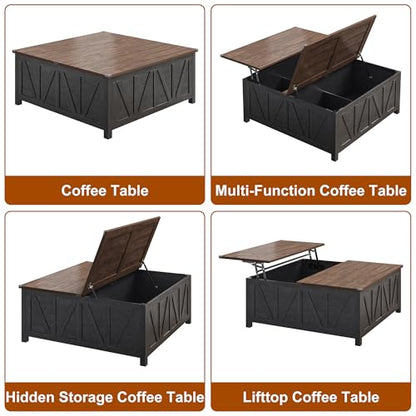 chartustriable 43.3“ Lift Top Coffee Table with Storage, Farmhouse Coffee Table with Large Hidden Storage Compartment and Shelves，Square Center Tables for Living Room, Tea Table Black - color: Black