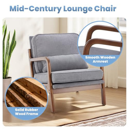 DUMOS Mid Century Modern Accent Chair, 16'' Seat Height Cozy Lounge Chair | Upholstered Armchair with Waist Cushion and Wood Frame for Living Room, Bedroom, Reading Nook, Balcony, Classic Grey - color: Classic Grey, size: 1 Pack