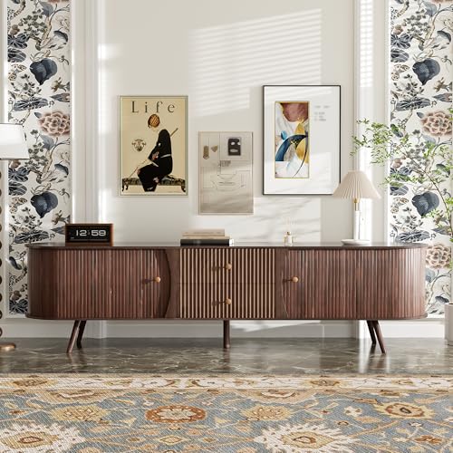 Mid Century Modern TV Stand for 80-Inch TV, Dark Brown, 70.9 Inch | Rolling tambour doors and fluted drawers organize media in a warm mueble para TV made for refined living spaces. - color: Dark Brown-l