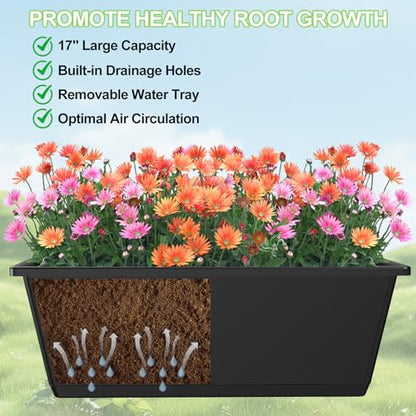 Railing Planter Box Adjustable Window Boxes Planters Set of 2, Black | Hanging Balcony Planters with Removable Bracket, Outdoor Plastic Flower Pots for Fence, Deck Railing, Porch, Patio Garden - color: Black
