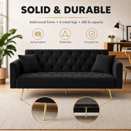 Anwick 72''Modern Velvet Sofa Bed Futon,Convertible Folding Sleeper Couches with 3 Adjustable Backrests,Tufted Recliner Loveseat with Golden Chrome Legs for Living Room Apartment Office (Black) - color: Black