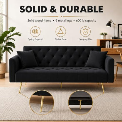 Anwick 72''Modern Velvet Sofa Bed Futon,Convertible Folding Sleeper Couches with 3 Adjustable Backrests,Tufted Recliner Loveseat with Golden Chrome Legs for Living Room Apartment Office (Black) - color: Black