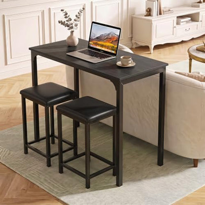COSTWAY Dining Table Set, Counter Height Table & 2 Upholstered Stools | Black, PU Leather Seats, Metal Frame, Modern, Non-Slip Foot Pads, Space-Saving for Small Space, Kitchen Island - color: Black