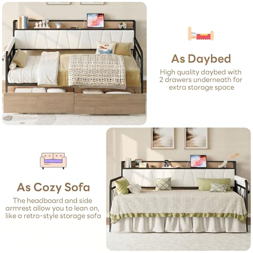 LIKIMIO Twin Daybed, Day Bed Frame with 2 Storage Drawers, Charging Station | Sofa Daybed with Boucle Upholstered Headboard, Storage Shelf & Bag, Strong Supports for Bedroom and Guest Room, Cream
