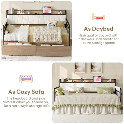 LIKIMIO Twin Daybed, Day Bed Frame with 2 Storage Drawers, Charging Station | Sofa Daybed with Boucle Upholstered Headboard, Storage Shelf & Bag, Strong Supports for Bedroom and Guest Room, Cream