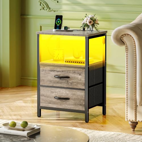 Huuger Night Stand with Charger Station and LED Lights, 2 Drawer Nightstand | Bed Side Table with Open ShelfEnd TableFabric Drawers for Bedroom, Oak - color: Oak, size: 11.8"D x 15.7"W x 23.6"H（2 Drawers）