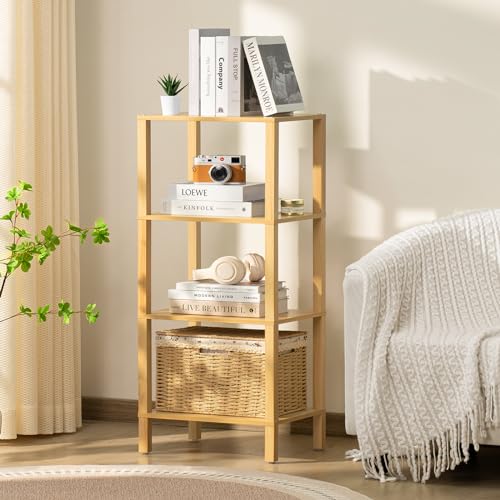 YUFAM 4-Tier Tall Slim Bookshelf, Small Bookcase for Small Spaces, Wood - color: Natural, size: 4-Tier