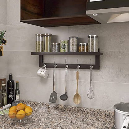 SMIBUY Coat Hooks with Shelf Wall-Mounted, 29.2 Inch Entryway Coat Rack for Wall, Bamboo Hanging Shelf with 5 Double Metal Hooks for Bathroom, Bedroom, Kitchen, Living Room, Mudroom (Dark Brown) - color: Dark Brown