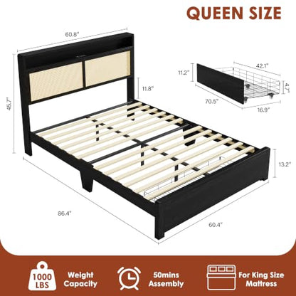 Garvee Full Wooden Rattan Bed Frame Bohemian with Storage and LED Lights | Cane Headboard with Charging Station, Wooden Slats, Noise-free, No Box Spring. Country Farmhouse Bed Frames Black - color: Black, size: Full