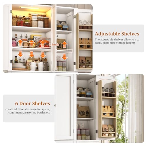 71"H Tall Kitchen Pantry Cabinet with LED Lights,39"W Modern Large Kitchen Hutch Cabinet w/6 Door Shelves,2 Large Drawer,Freestanding Food Pantry w/Adjustable Shelves for Kitchen,Dining Room,White - color: White