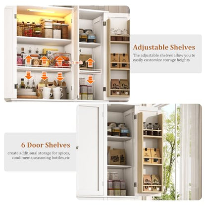 71"H Tall Kitchen Pantry Cabinet with LED Lights,39"W Modern Large Kitchen Hutch Cabinet w/6 Door Shelves,2 Large Drawer,Freestanding Food Pantry w/Adjustable Shelves for Kitchen,Dining Room,White - color: White
