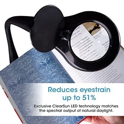 OttLite Prevention LED Desk Lamp with Adjustable Magnifier, Black | ClearSun LEDs Reduce Eyestrain | 1.7x Optical Grade Magnifier with 3.4x Spot Viewer | 4 Brightness Settings