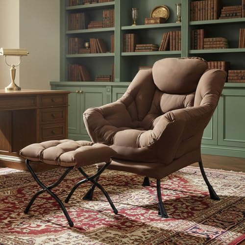 Lazy Chair with Ottoman, Comfy Reading Accent Chair, Brown | Foldable Footrest, Padded Seat and Backrest, Side Pocket for Lounging in Living Rooms, Bedrooms, Dorms and Small Spaces - color: Peach Skin Brown