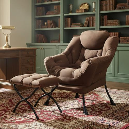 Lazy Chair with Ottoman, Comfy Reading Accent Chair, Brown | Foldable Footrest, Padded Seat and Backrest, Side Pocket for Lounging in Living Rooms, Bedrooms, Dorms and Small Spaces - color: Peach Skin Brown