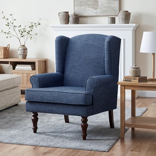 HUIMO Printed Wingback Accent Chair, Linen Upholstered High Back Armchair, Comfy Reading Chair for Living Room Bedroom Study, 300lbs Weight Capacity (1, Navy Blue) - color: Navy Blue